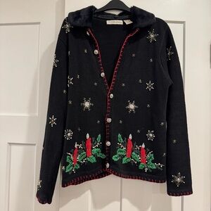 Victoria Jones Candles in the Starlight Christmas Sweater, Faux Fur Collar Small